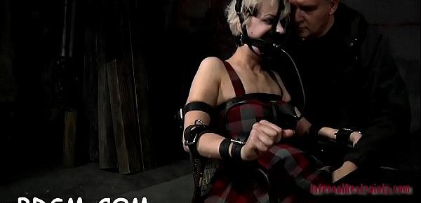  Blindfolded and gagged beauty gets her bawdy cleft shovelled with toy